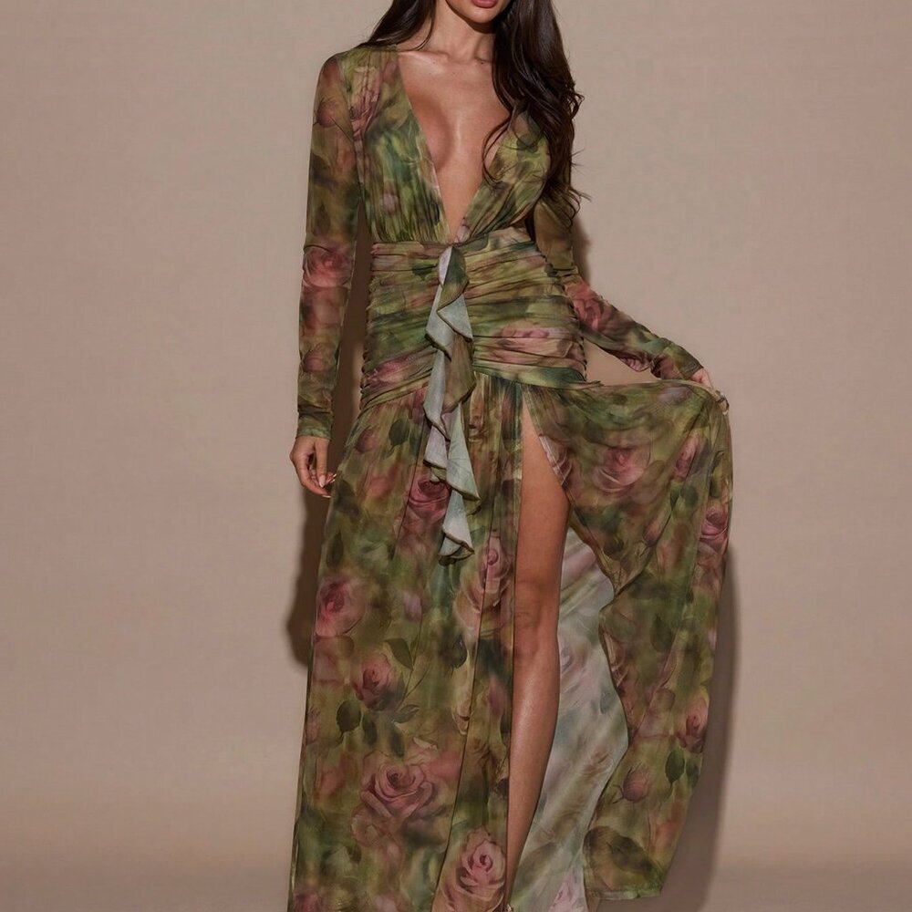 Green Elegant Women's Sexy Floral Print Deep V-Neck Dress - Picture 5 of 6